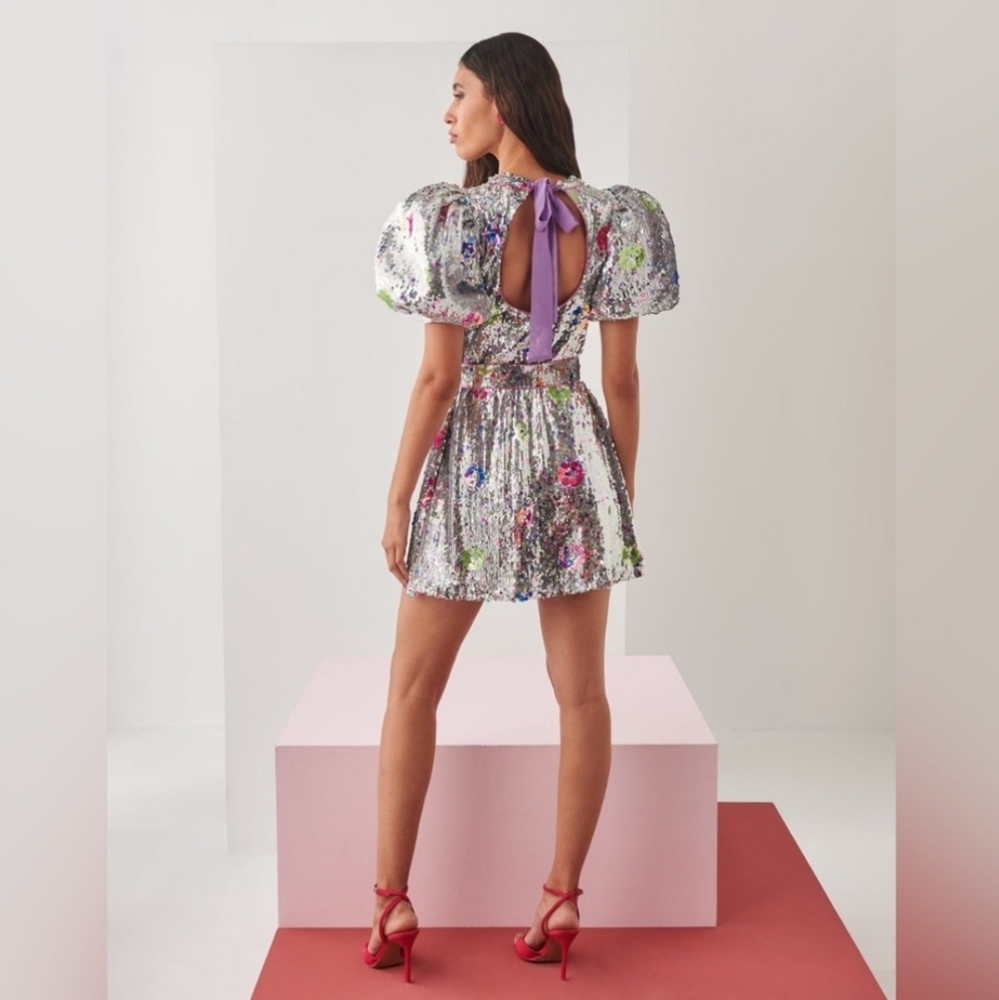 CeliaB Silver Sequin Mini Dress with Floral Accents - Picture 4 of 15